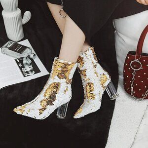 Gold Sequined Chunk Heel Booties